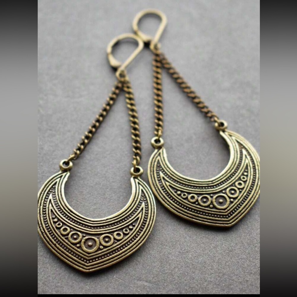 Boho Textured Tribal Long Chain Dangle Earrings Brass/Bronze